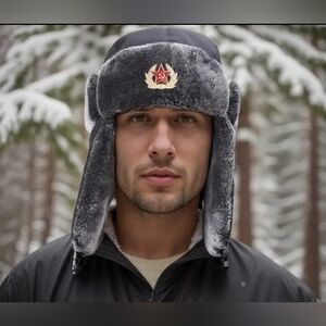 Men's Gray Faux Fur Trapper Jacket with Ear Flaps